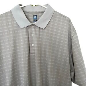 PGA Tour Men's Golf Polo Shirt‎ 2XL Tan Brown Grid Pattern SS Embroidered Logo
